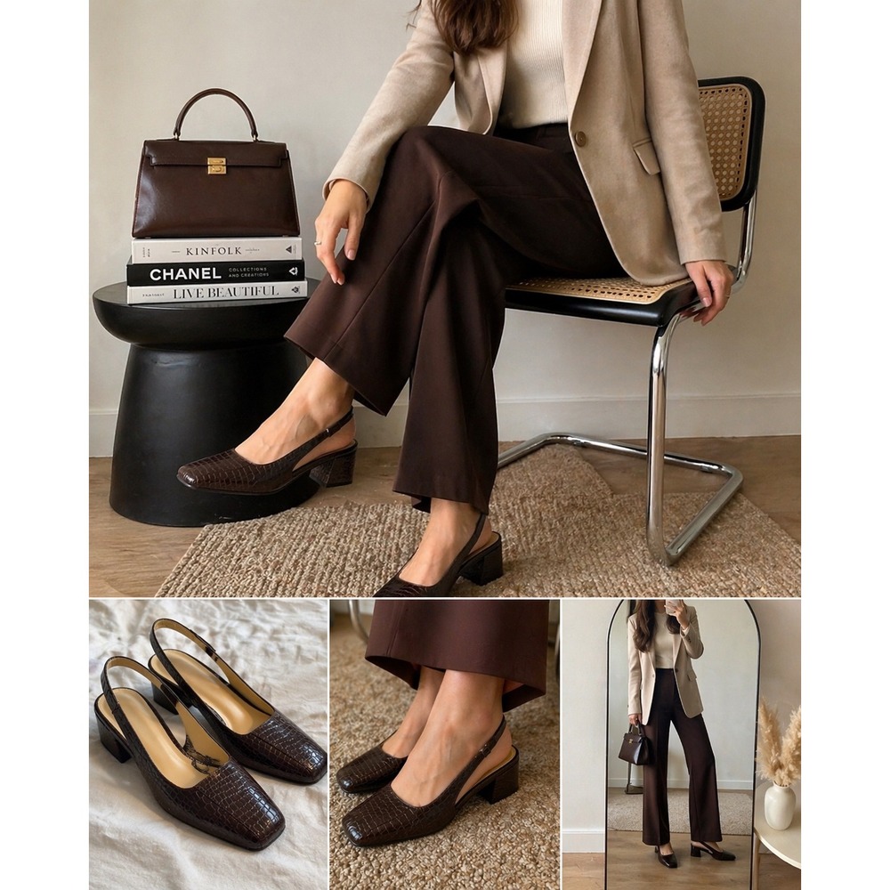 Prima Royale Dark Brown Croc Embossed Slingback Square Toe Block Heels Size 8M